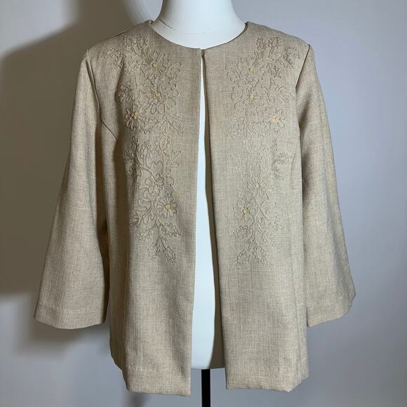 Alfred Dunner Tan Embroidered 3/4 Sleeve Blazer Jacket Cardigan Womens Size 8 - Picture 1 of 10